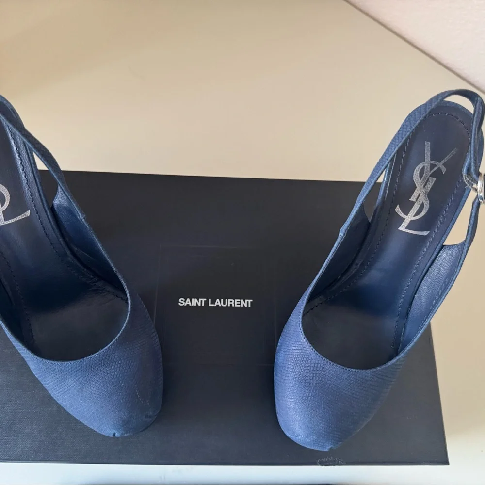 Saint Laurent Navy Blue Suede Tribtoo Slingback Heels 105mm - Picture 2 of 15